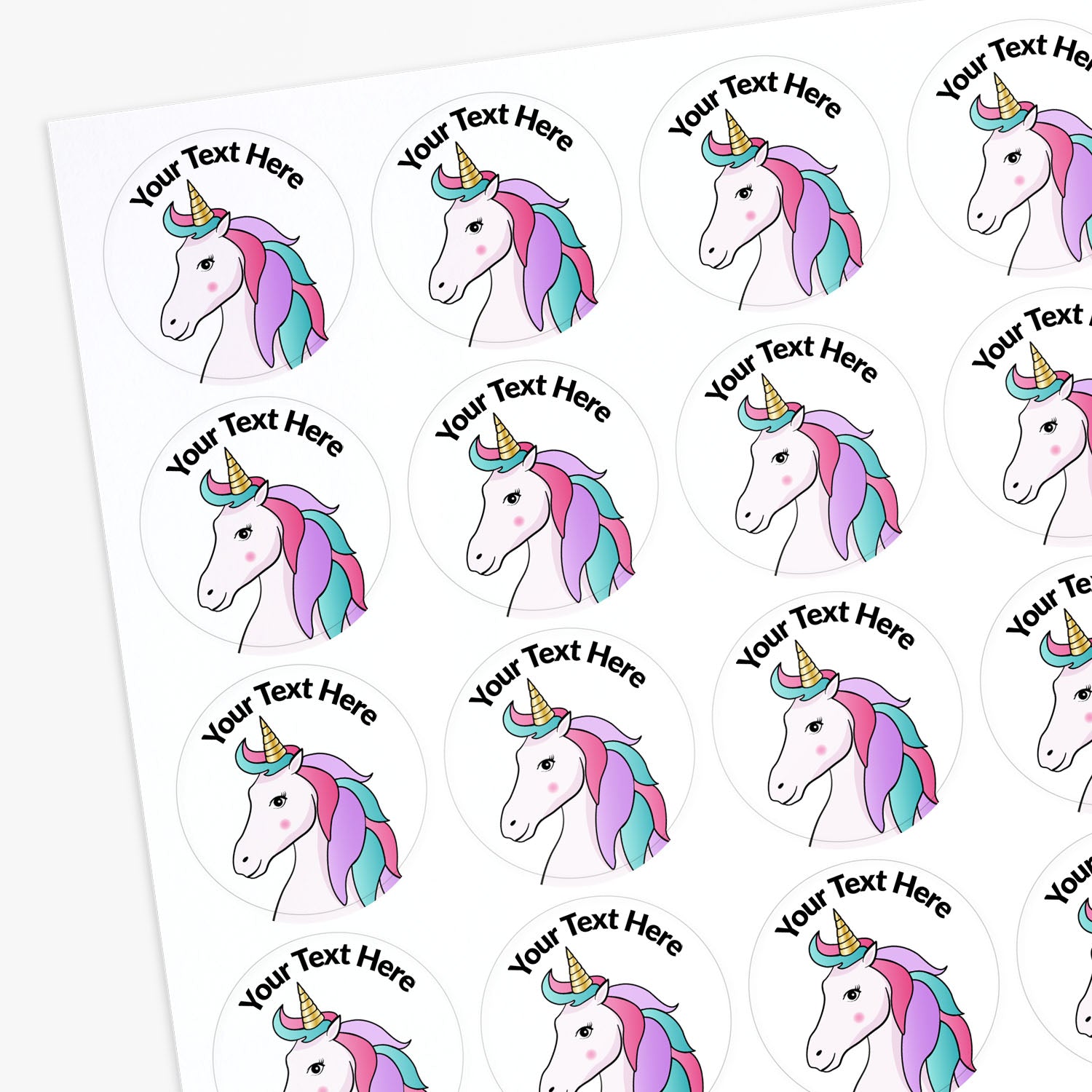 Sheet of personalized unicorn stickers with customizable text on a white background