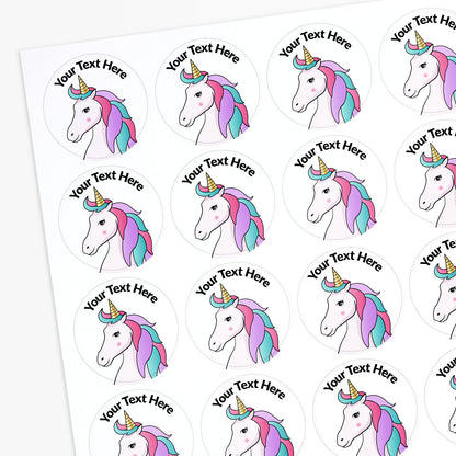 Sheet of personalized unicorn stickers with customizable text on a white background