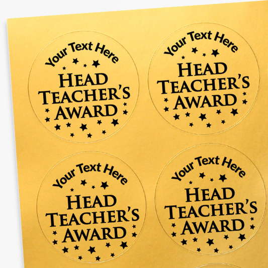 Four round 'Head Teacher's Award' stickers on a gold background