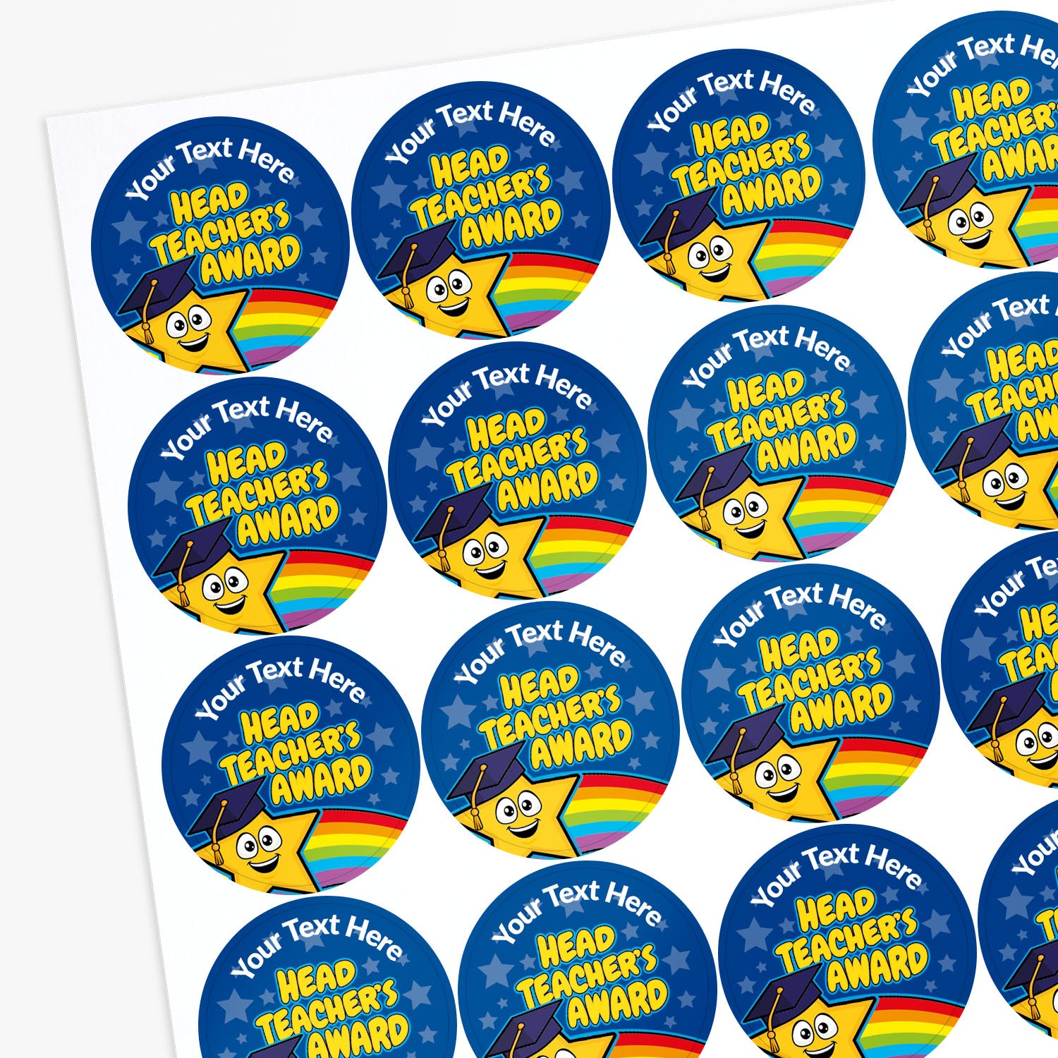 Sheet of blue circular sticker with a Star in a cap and text