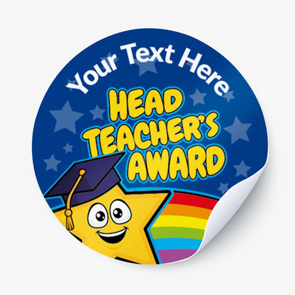 Personalizable 'Head Teacher's Award' sticker with a star character and customizable text on a blue background.