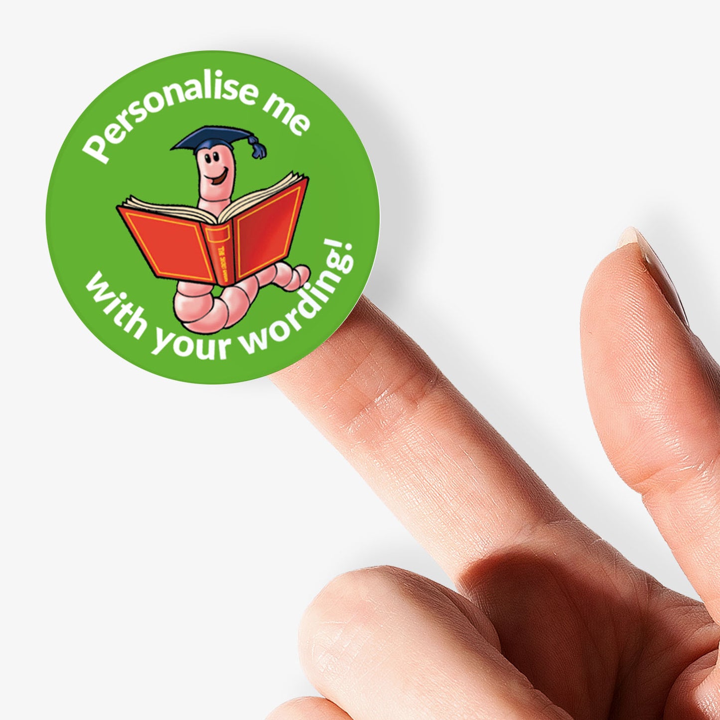 Green stickers, on a finger, with a bookworm as the central image.  Space for personalisation above and below the image.