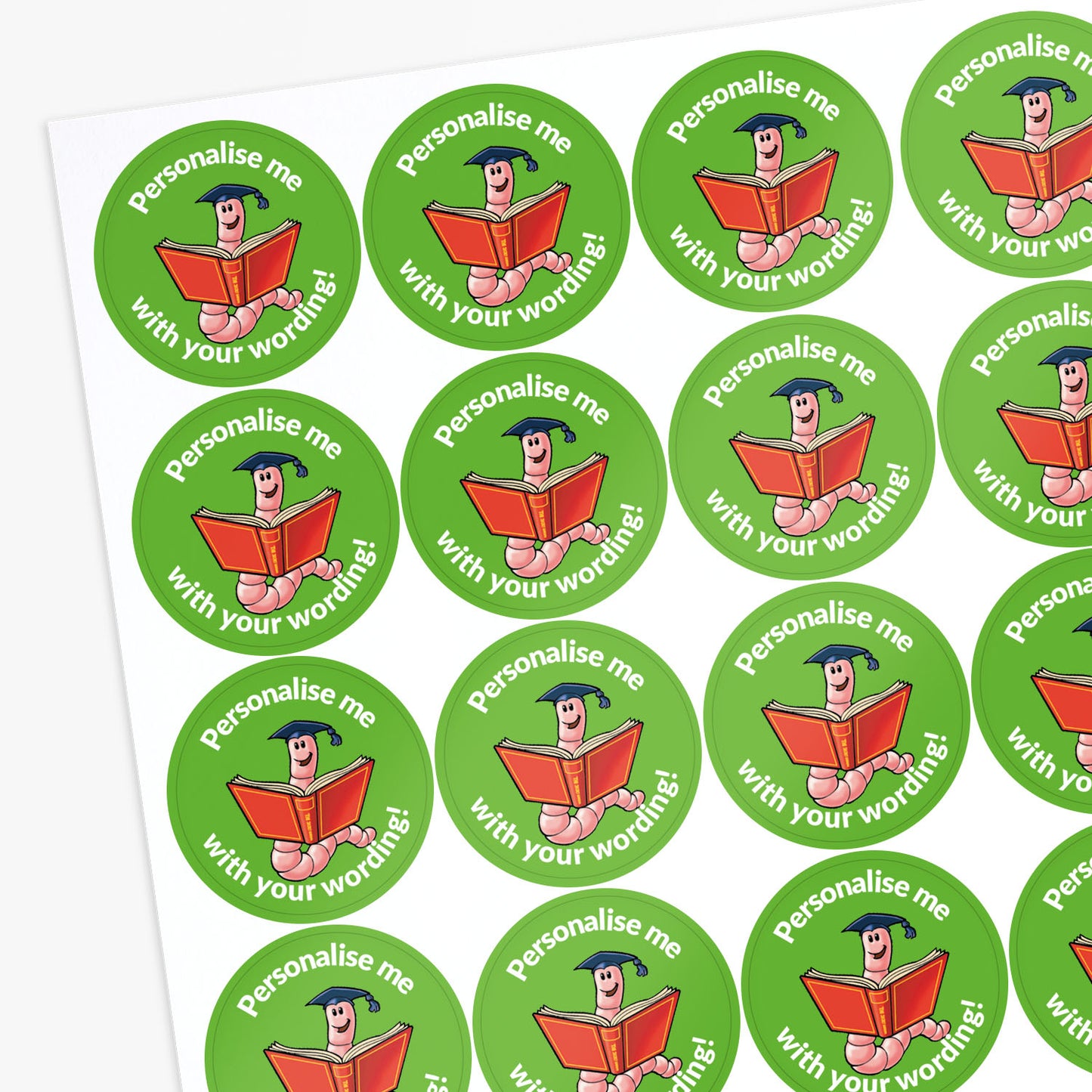Green stickers with a bookworm as the central image.  Space for personalisation above and below the image.