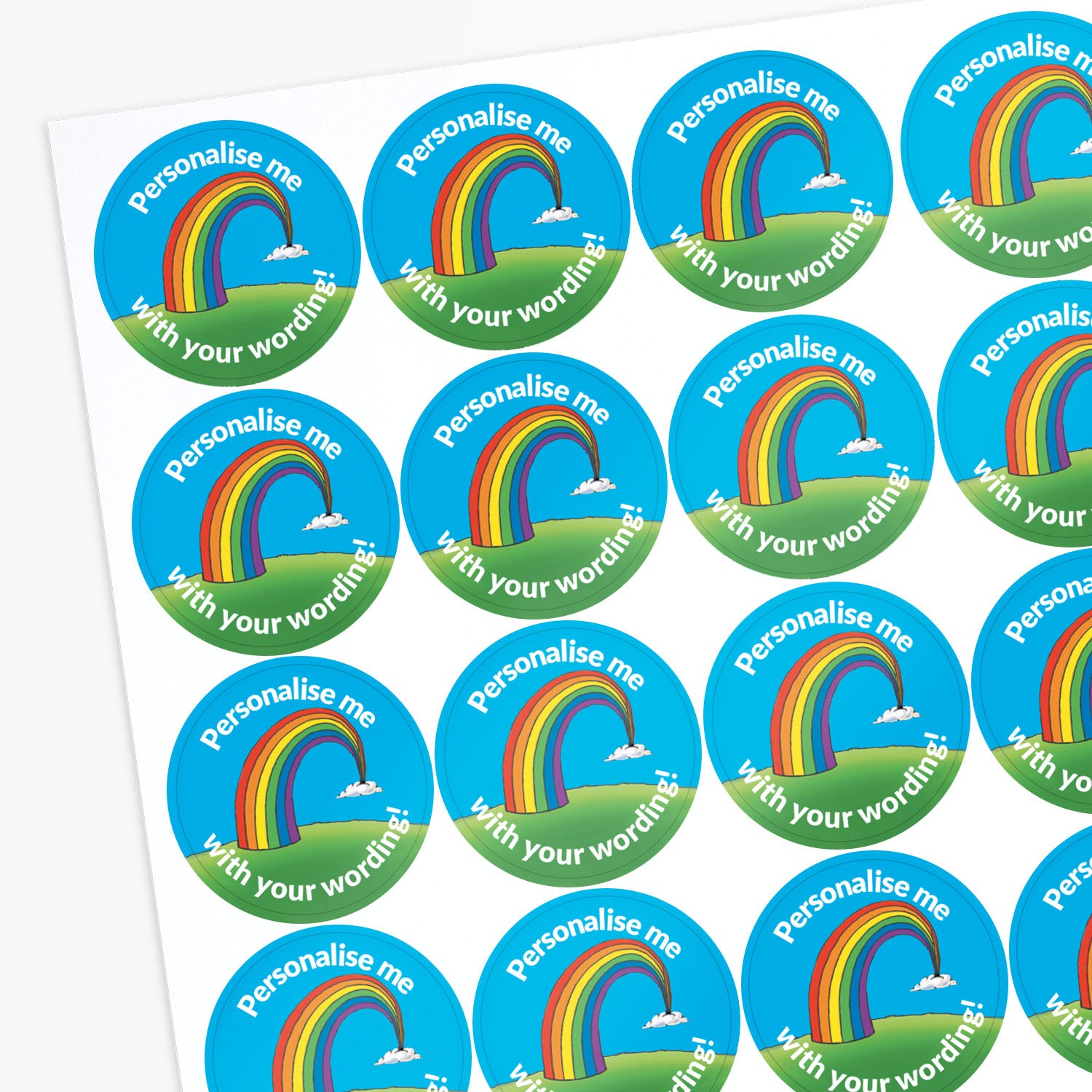 Turquoise stickers with a rainbow as the central image.  Space for personalisation above and below the image.