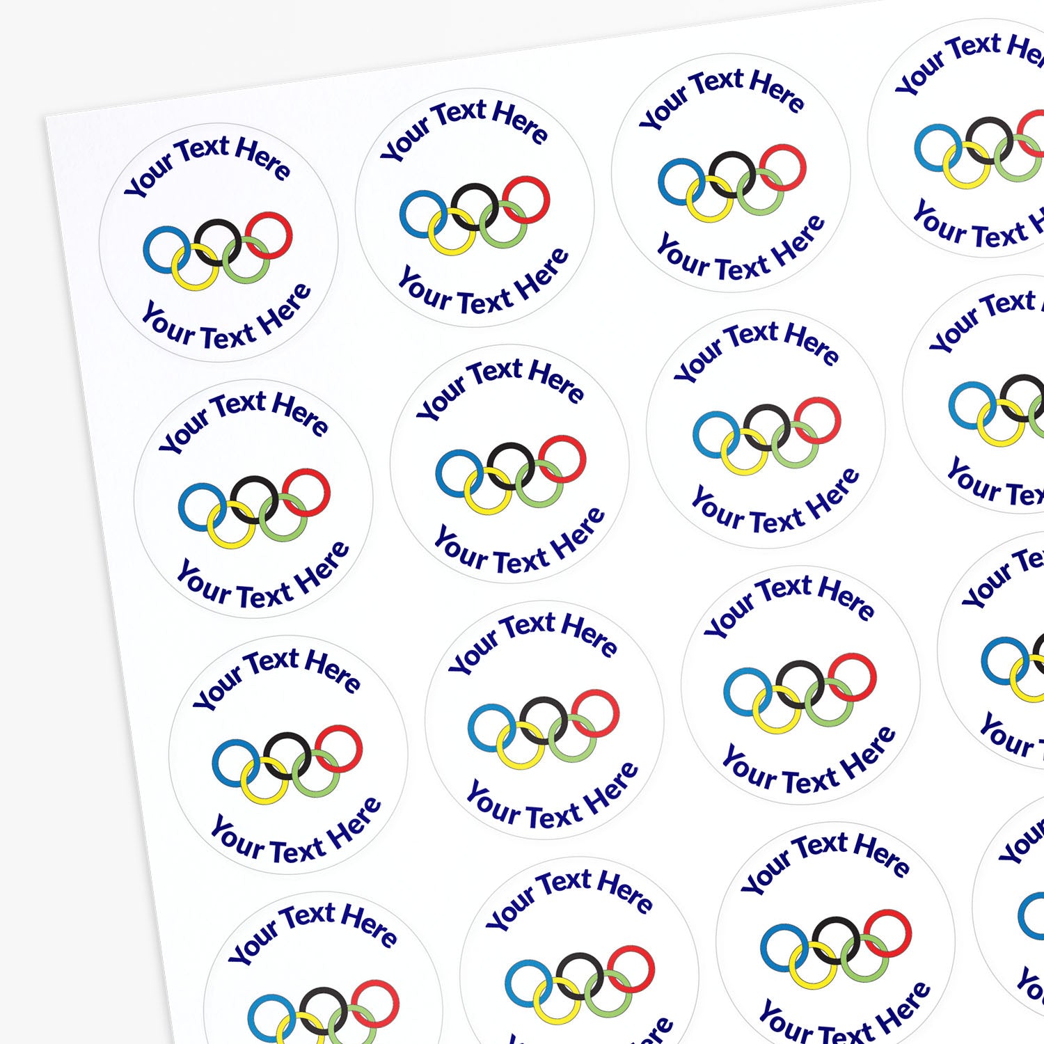 White stickers with Olympic rings as a central image.  Space for personalisation above and below the image.
