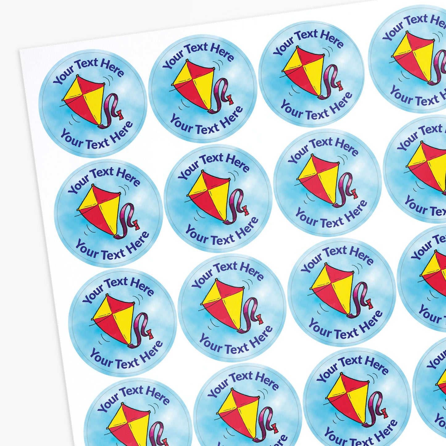 Sheet of personalize stickers with kite design on a white background