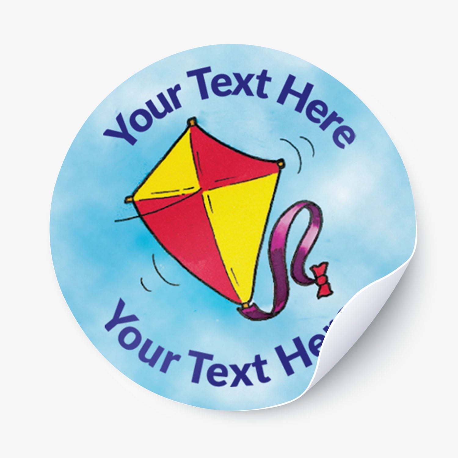 Round sticker with a kite illustration and text space on a blue gradient background