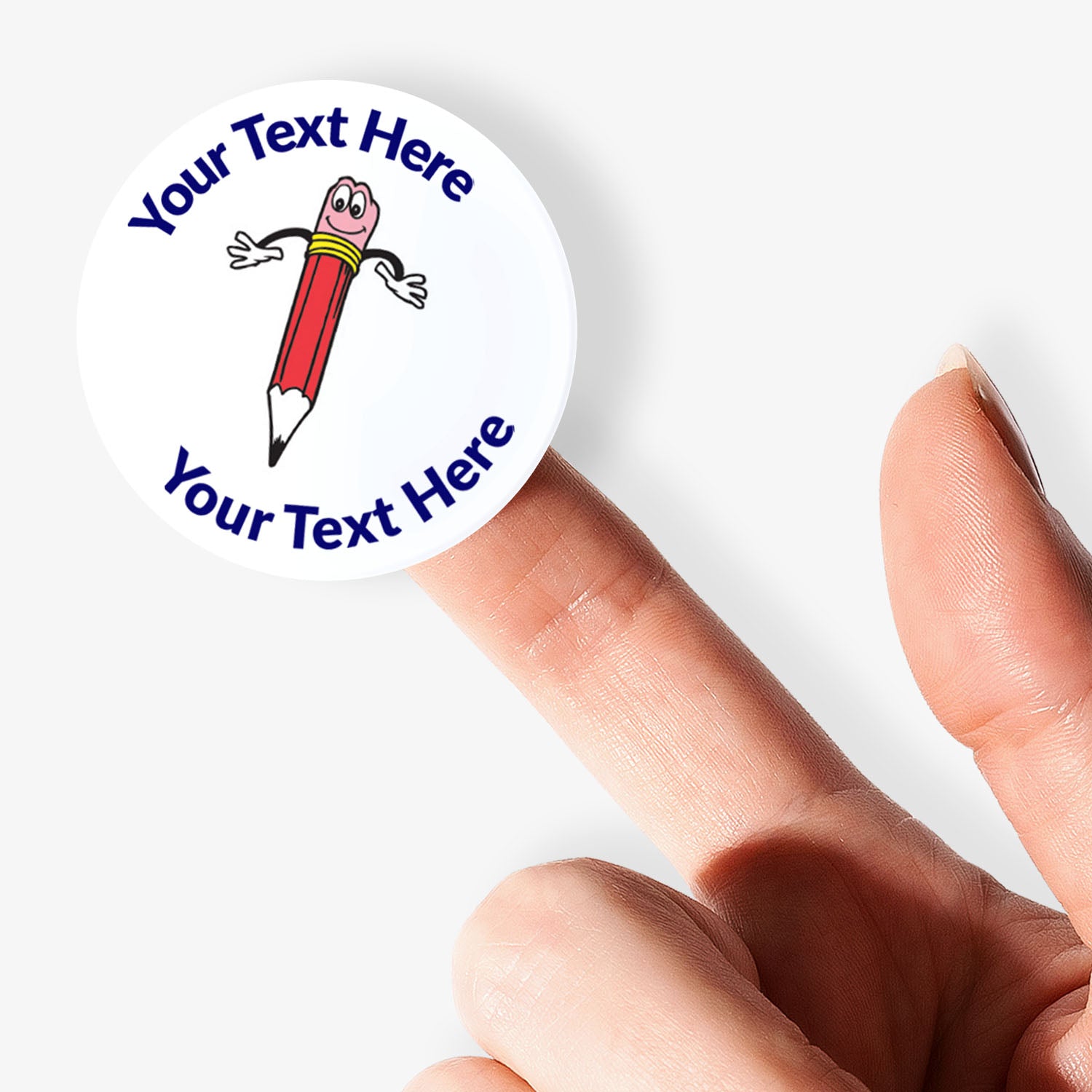 White sticker on a finger with a red smiling pencils as a central image.  Space for personalisation above and below the image.