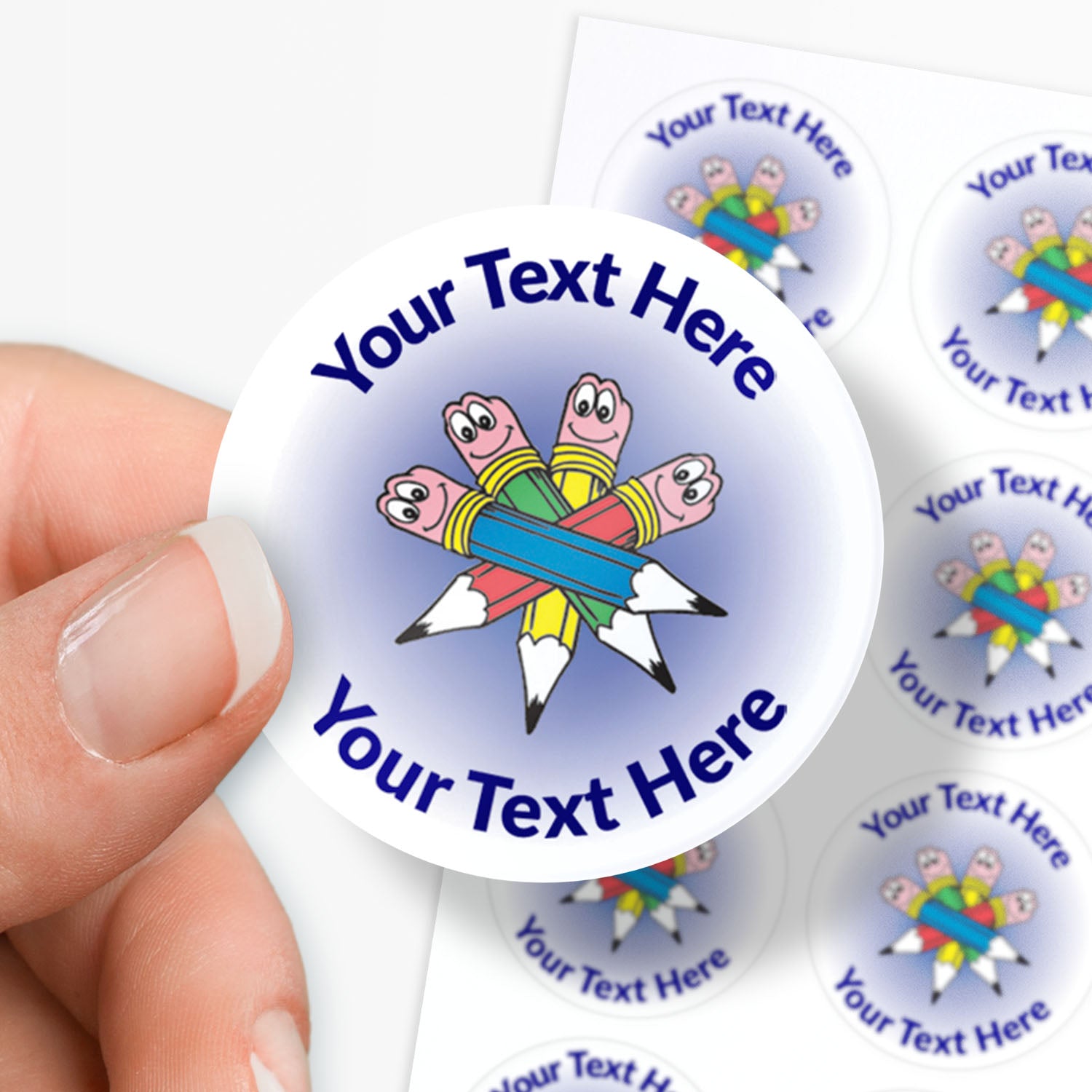 White stickers with a 4 smiling pencils as a central image.  Space for personalisation above and below the image.