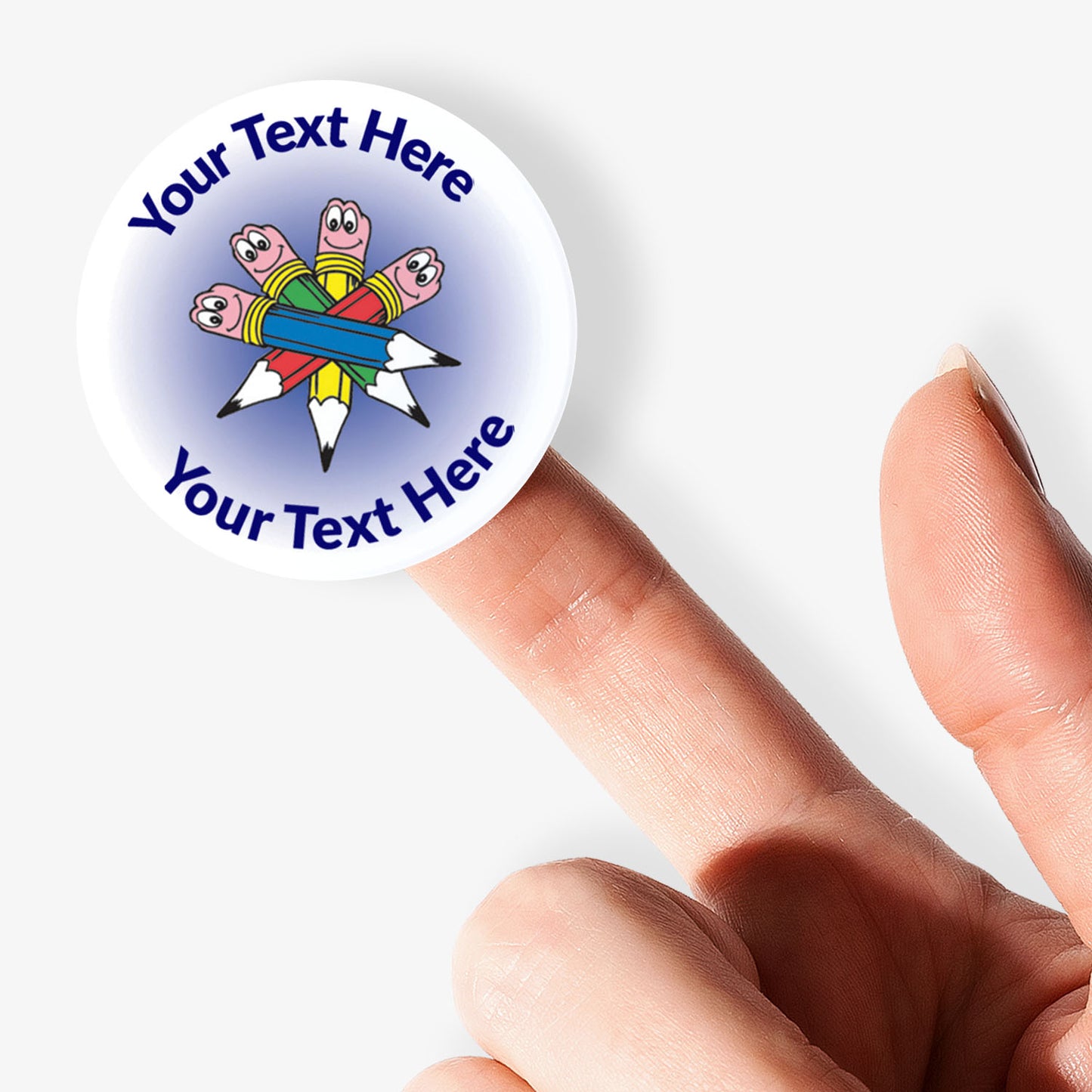 White sticker on a finger with a 4 smiling pencils as a central image.  Space for personalisation above and below the image.