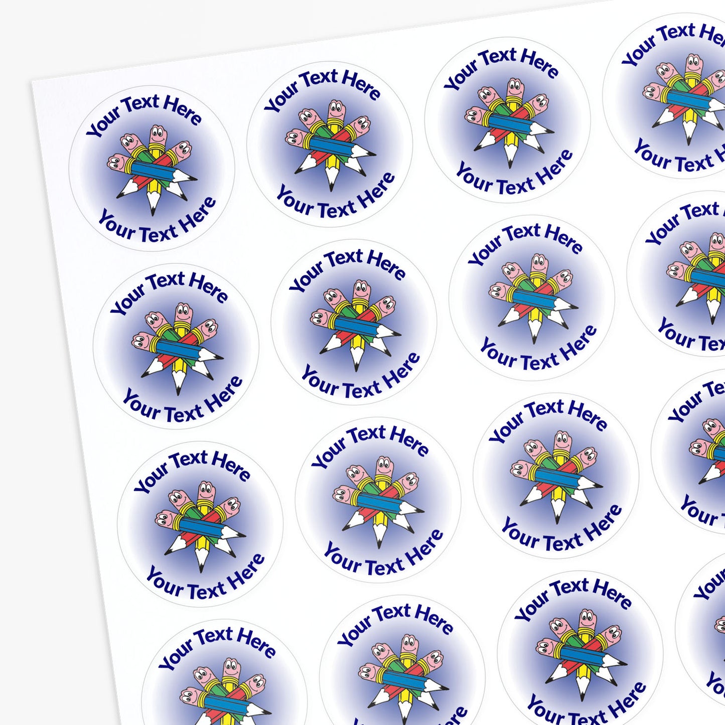 White stickers with a 4 smiling pencils as a central image.  Space for personalisation above and below the image.