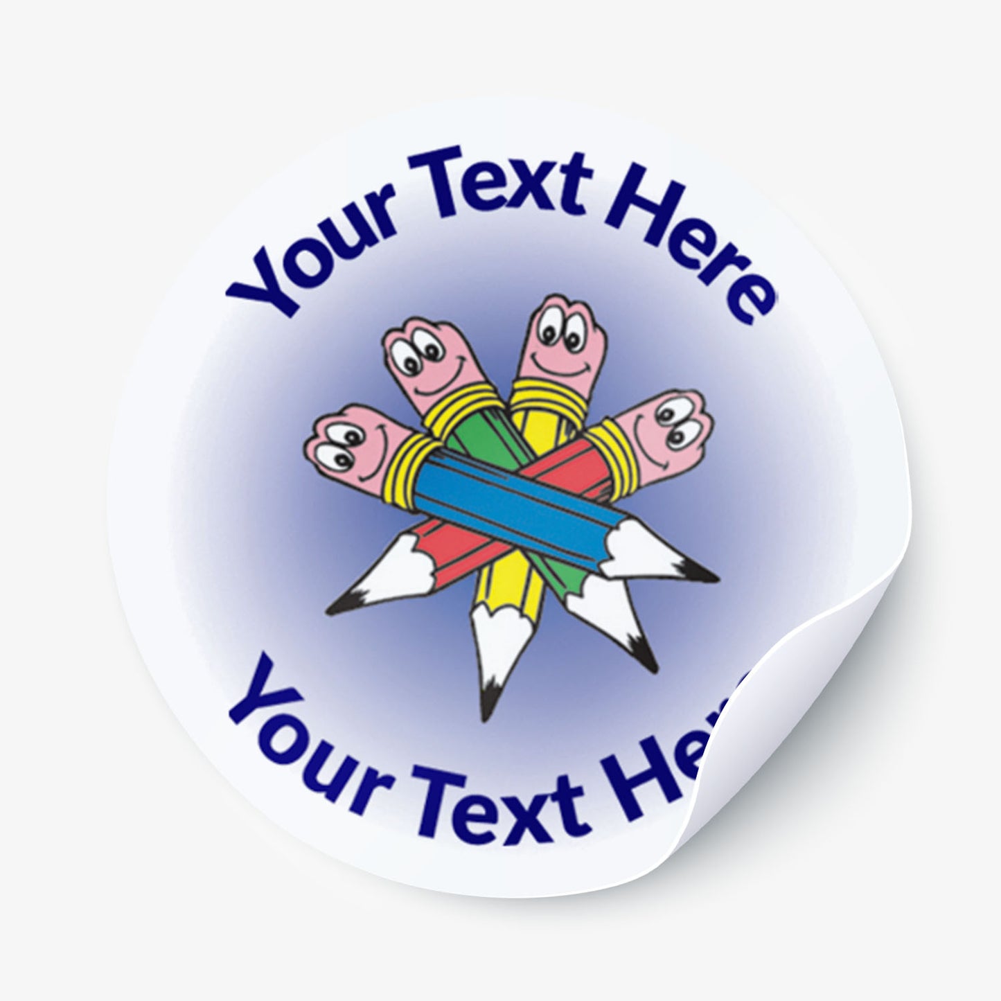 White sticker with a 4 smiling pencils as a central image.  Space for personalisation above and below the image.