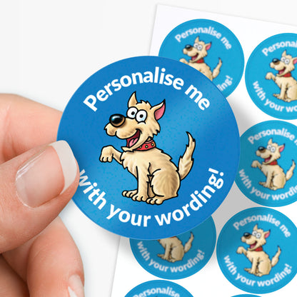 Blue stickers with a smiling dog as a central image.  'Personalise me with your wording!' 