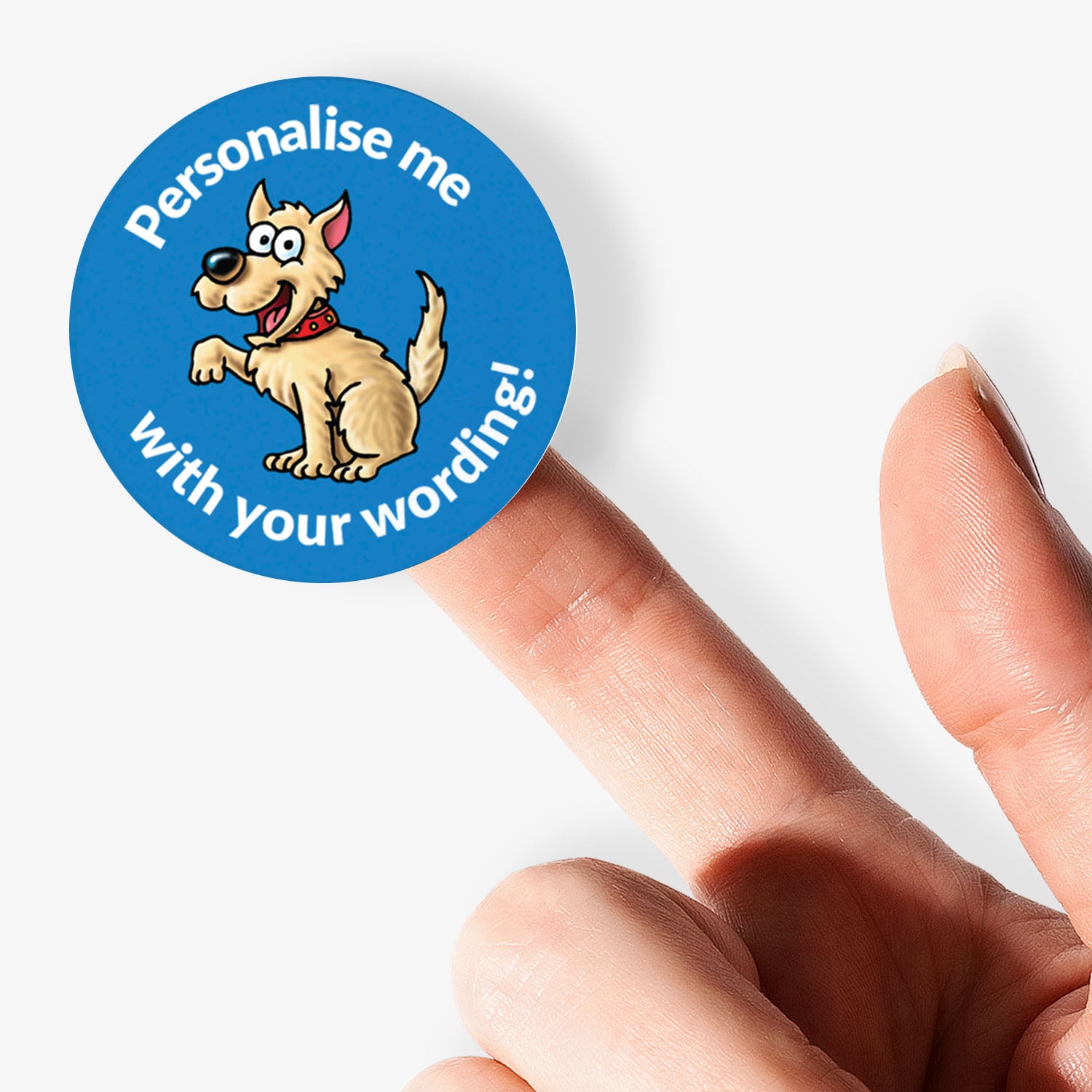 Blue sticker on a finger with a smiling dog as a central image.  'Personalise me with your wording!' 