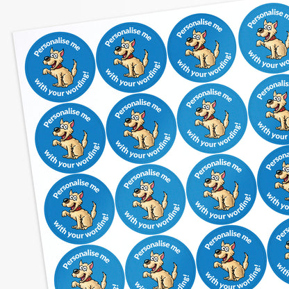 Blue stickers with a smiling dog as a central image.  'Personalise me with your wording!' 