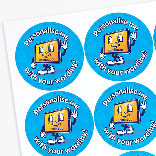 Set of round blue stickers with a cartoon character and text 'Personalise me with your wording!' on a white background.