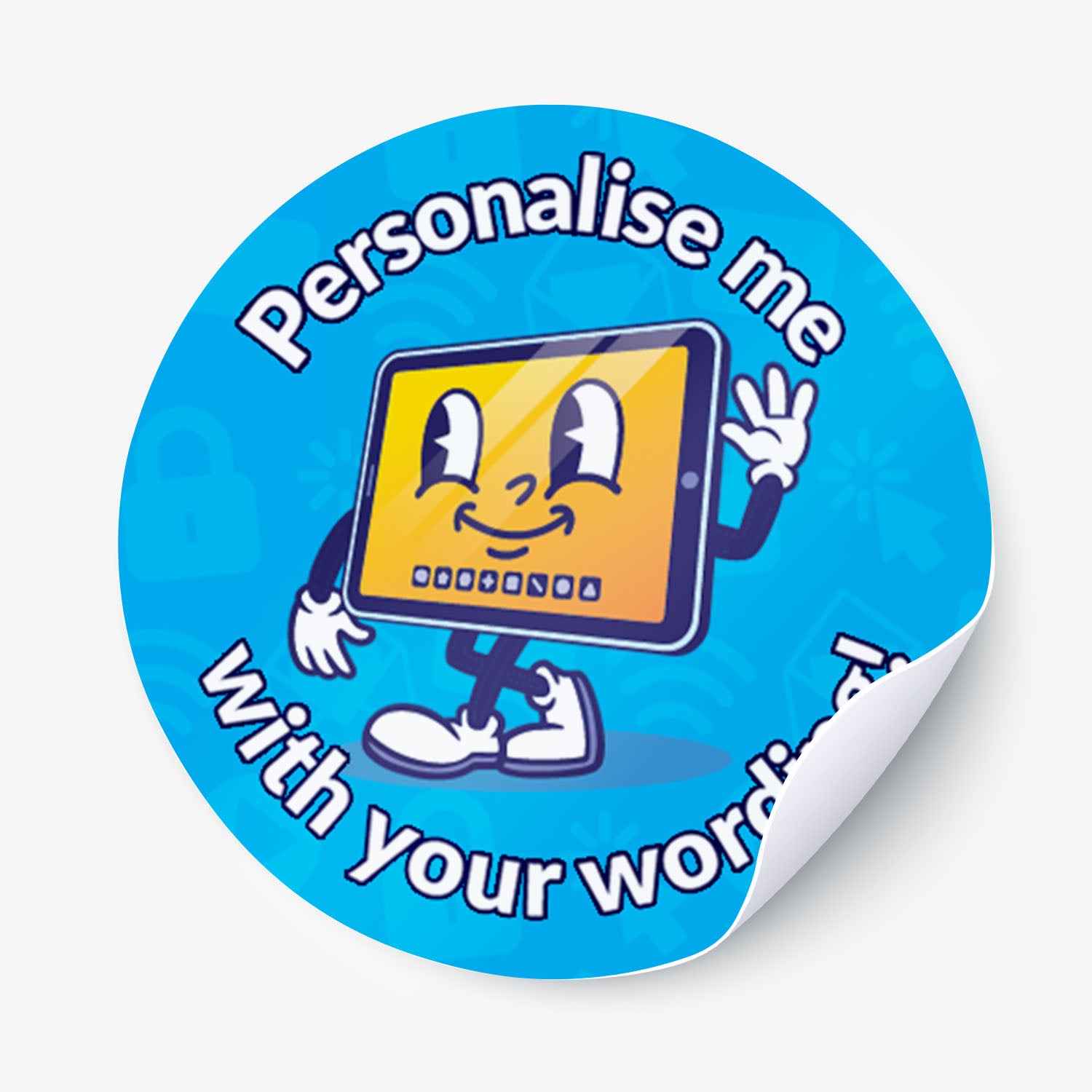 Round sticker with a cartoon character and text 'Personalise me with your words' on a blue background