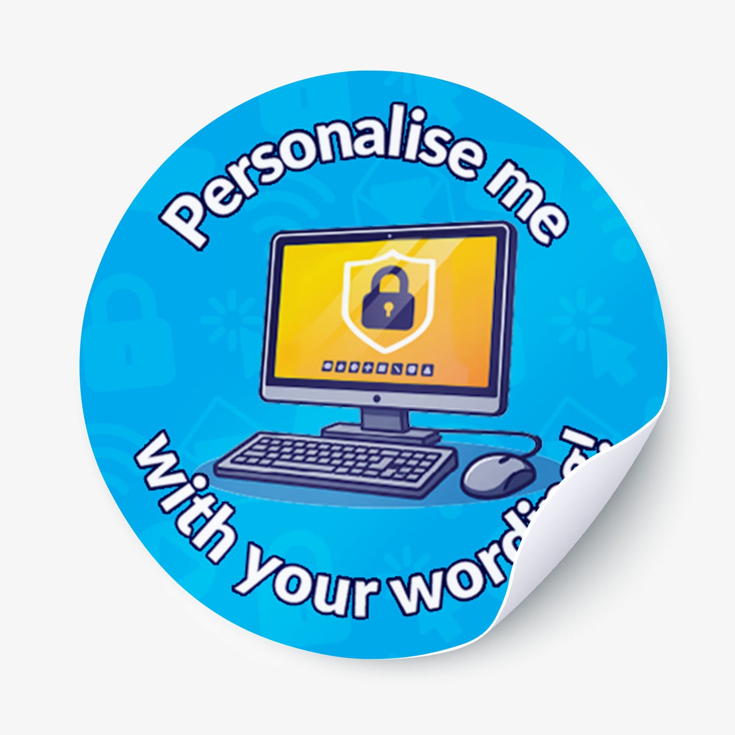 Round blue sticker with computer graphic and text 'Personalise me with your words' on a white background