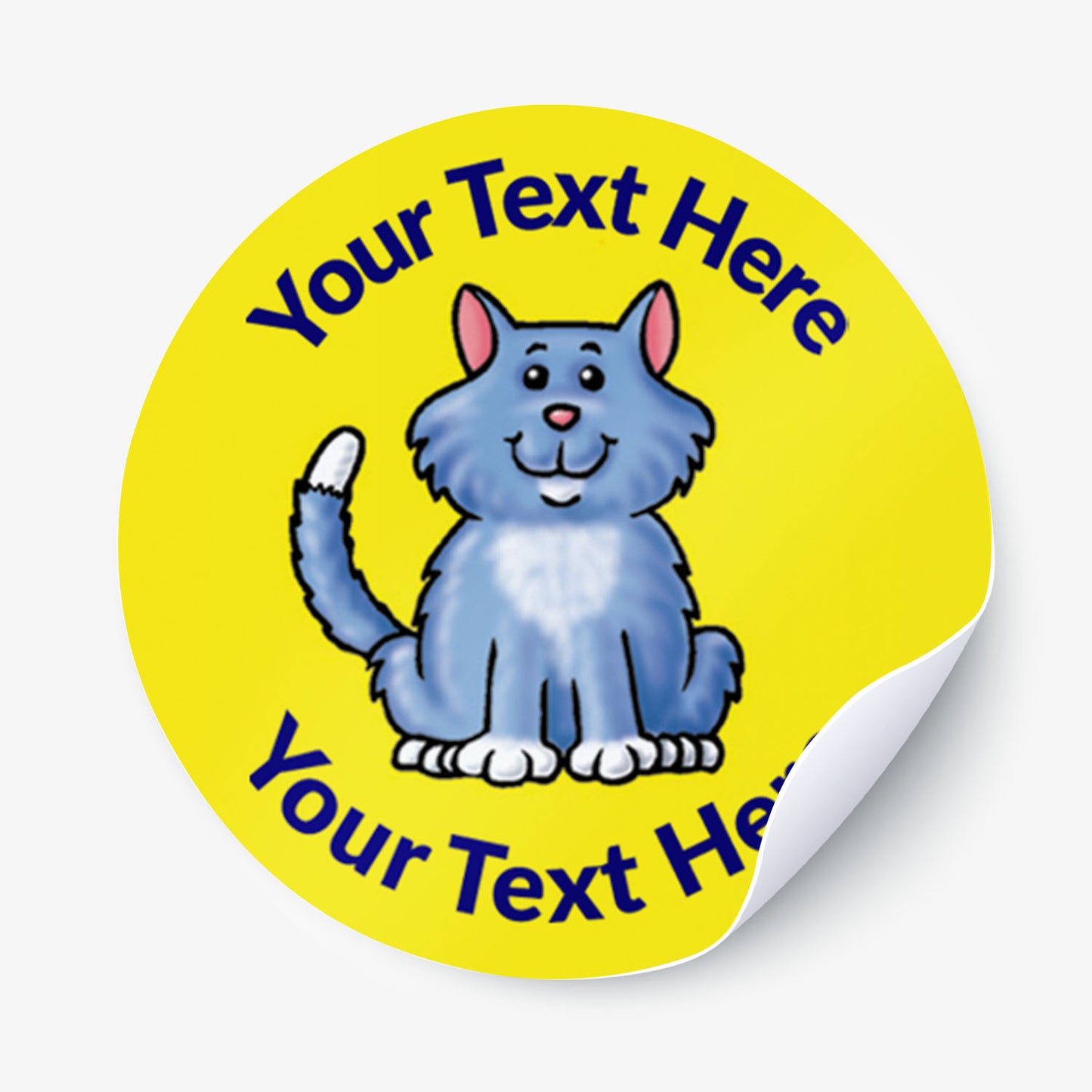 Yellow sticker with a cat as the central image.  Space for personalisation above and below the image.