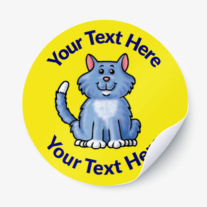 Yellow sticker with a cat as the central image.  Space for personalisation above and below the image.
