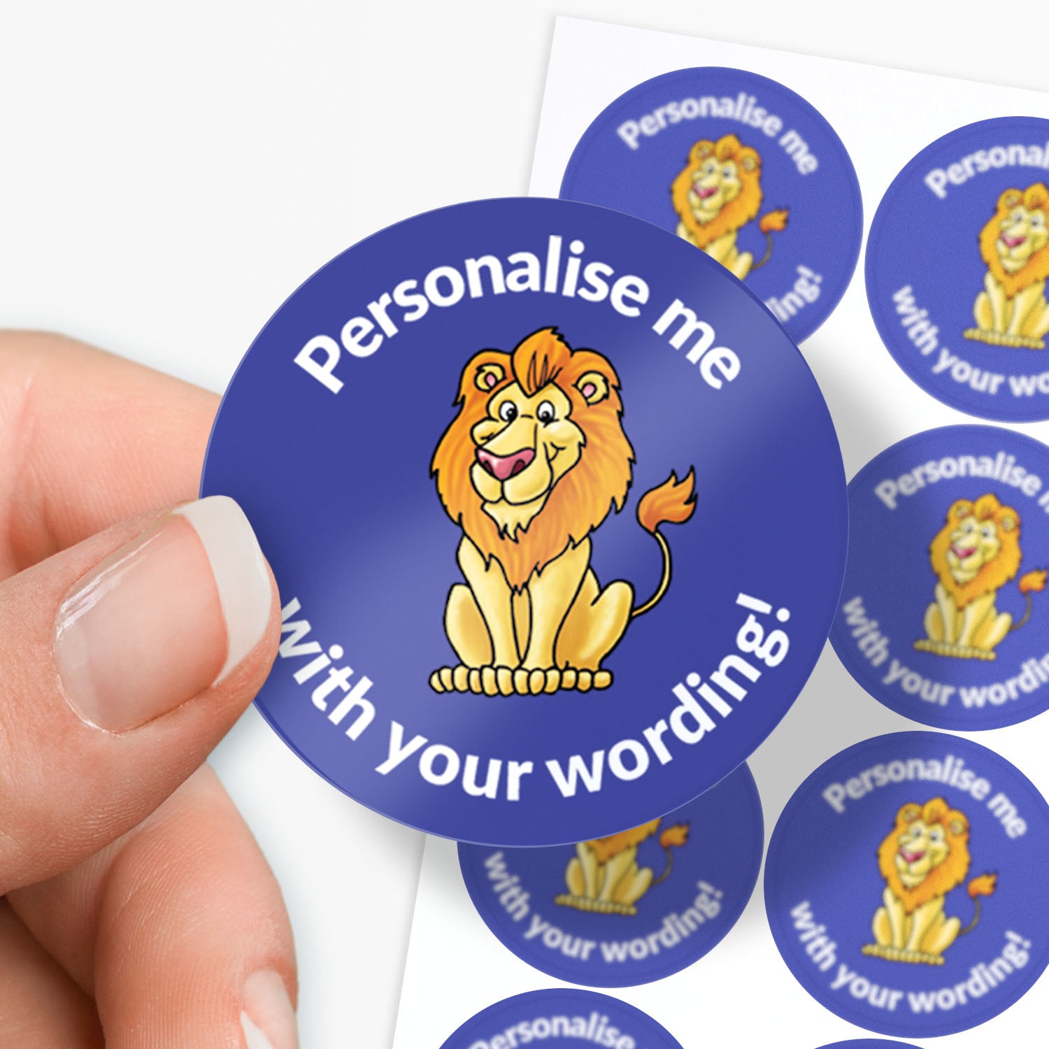 Blue stickers with a lion as the central image.  Space for personalisation above and below the image.