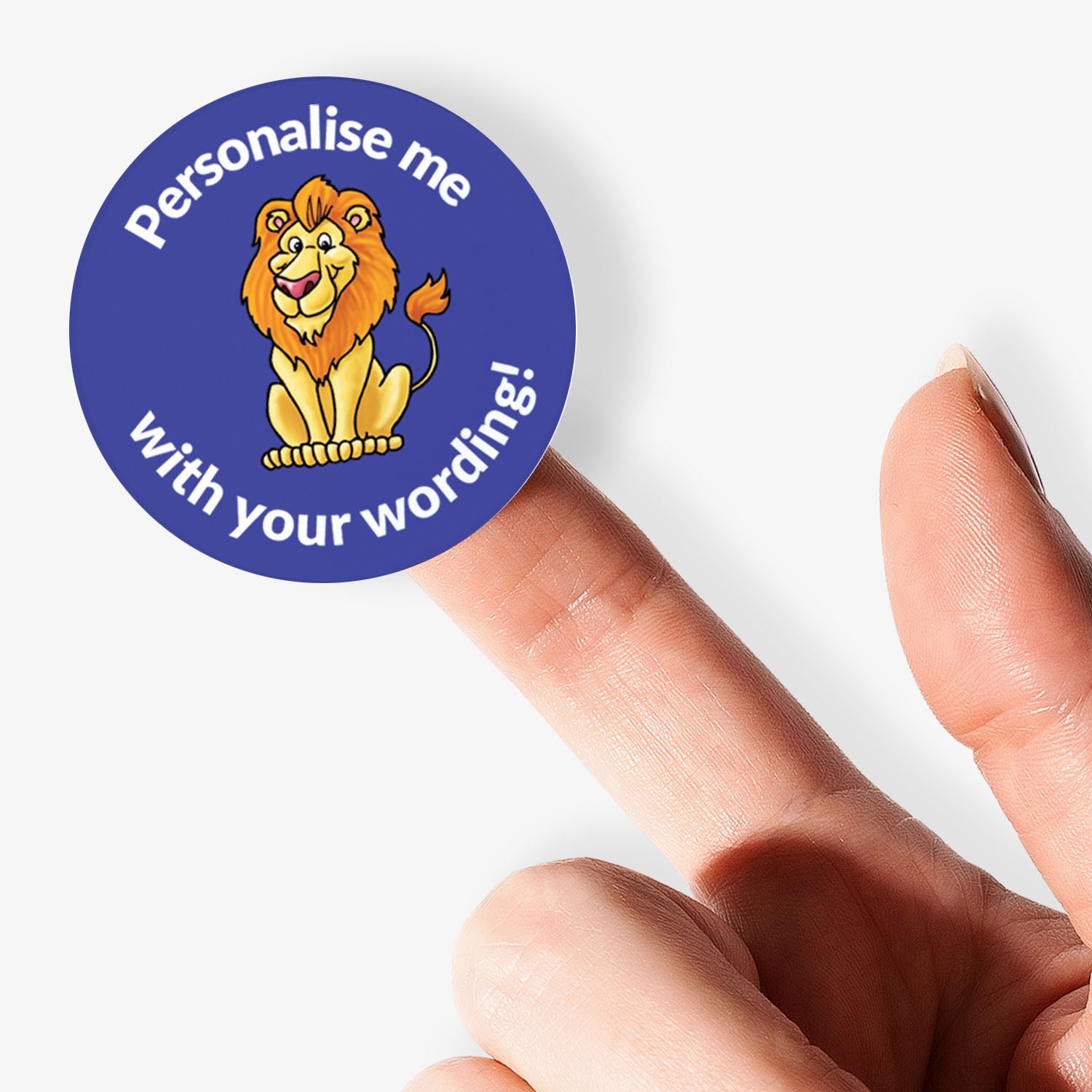 Blue sticker, on a finger, with a lion as the central image.  Space for personalisation above and below the image.