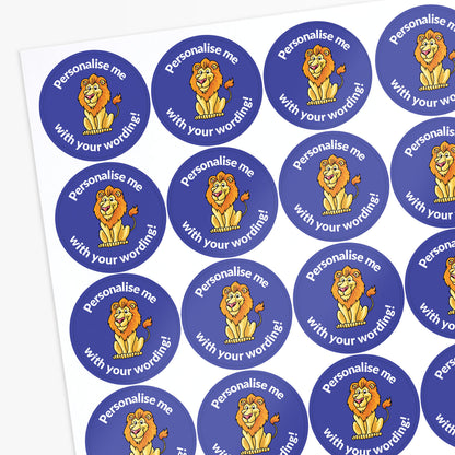 Blue stickers with a lion as the central image.  Space for personalisation above and below the image.