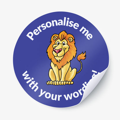 Blue sticker with a lion as the central image.  Space for personalisation above and below the image.