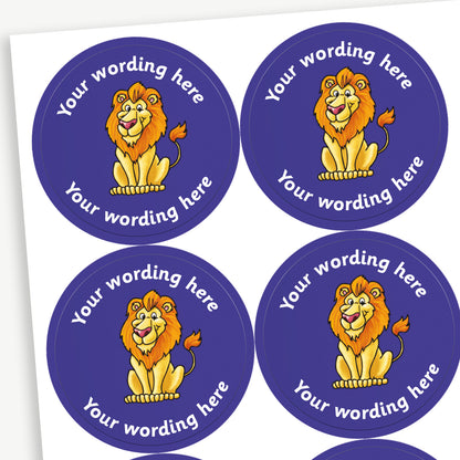 A sheet of blue stickers featuring a cartoon lion in the centre.  Placeholder text 'Your wording here' is above and below the image.