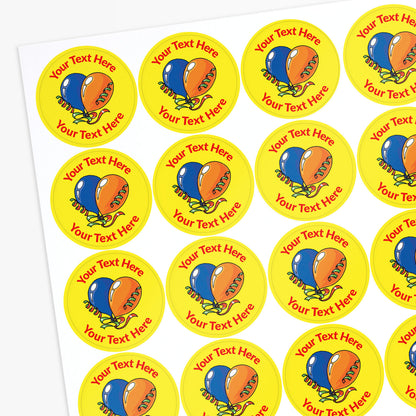 Sheet of personalized stickers with colorful balloons and customizable text area.