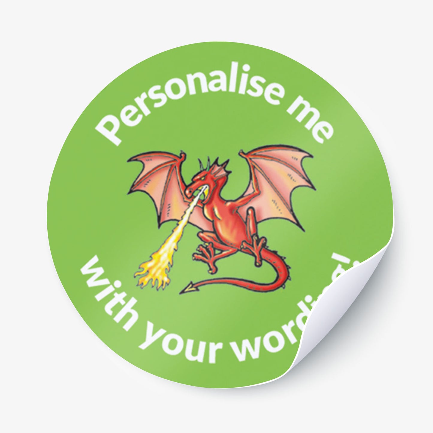 Green sticker with a fire breathing dragon as the central image.  Space for personalisation above and below the image.