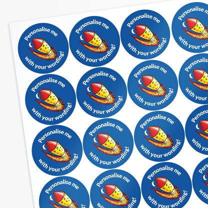 Blue stickers with a firework as the central image.  Space for personalisation above and below the image.