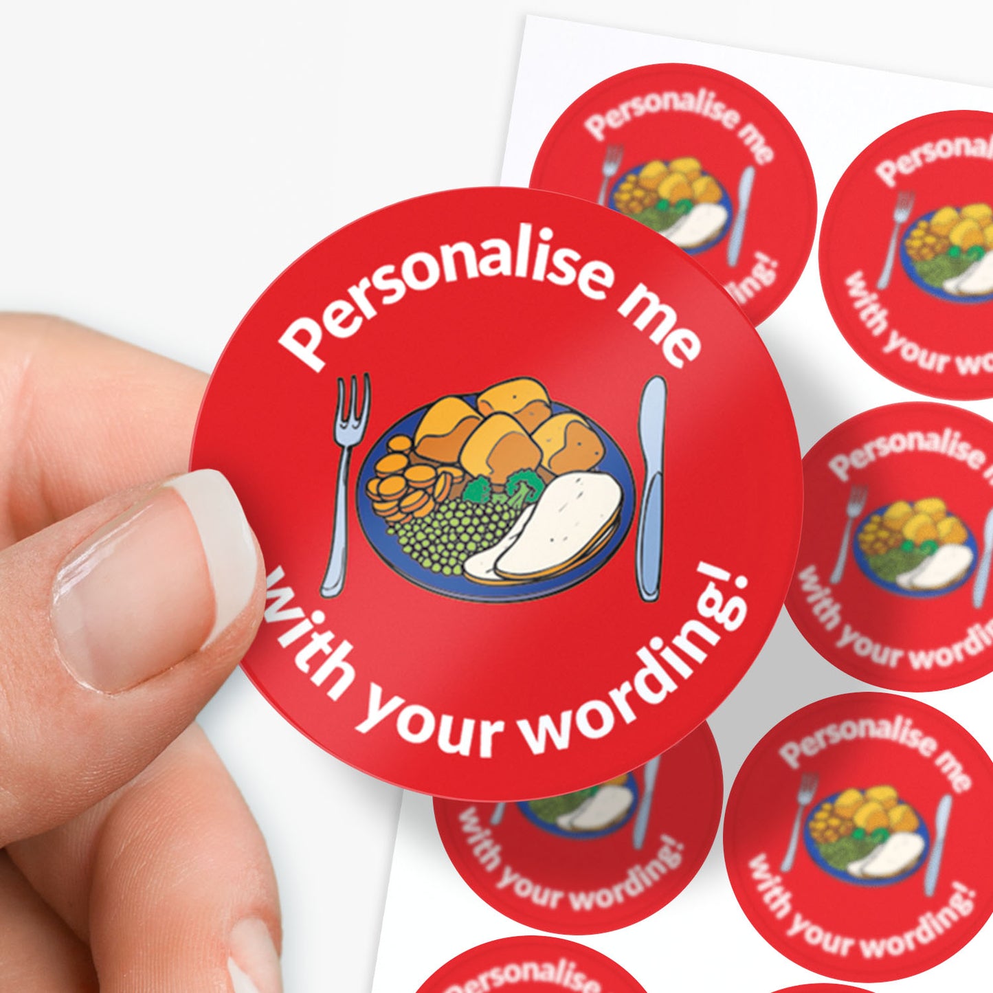 Red stickers with a plate of food as the central image.  Space for personalisation above and below the image.