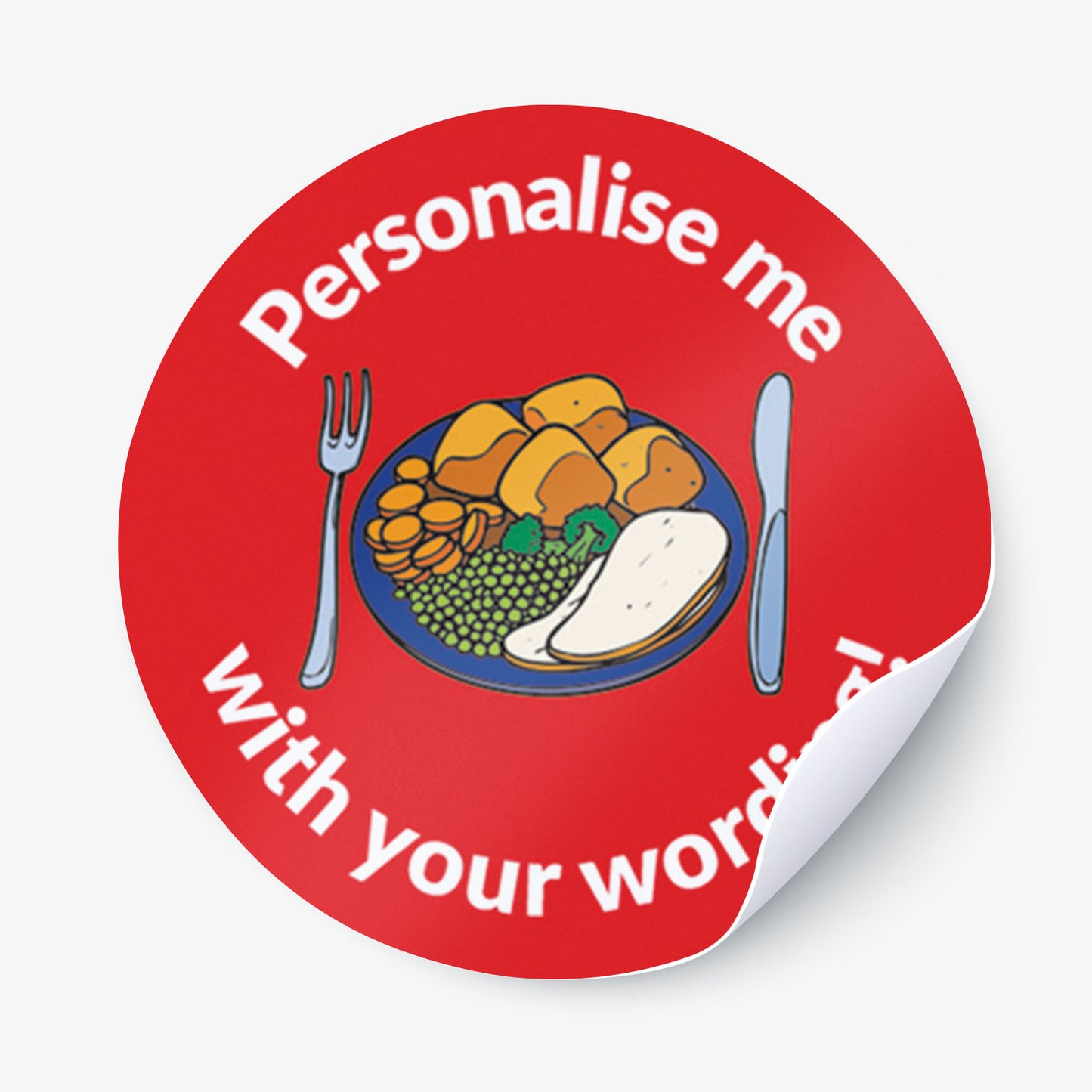 Red sticker with a plate of food as the central image.  Space for personalisation above and below the image.