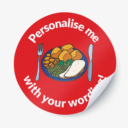 Red sticker with a plate of food as the central image.  Space for personalisation above and below the image.