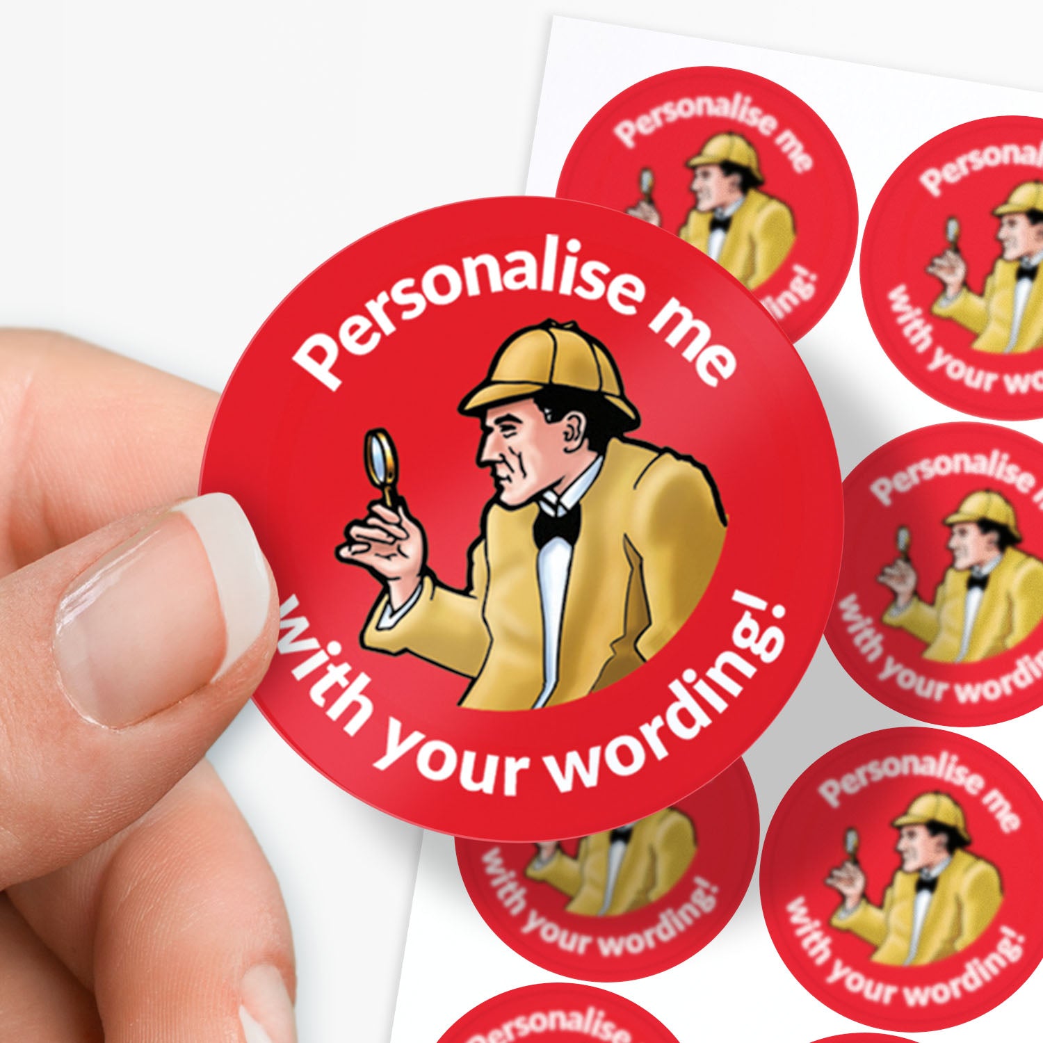 Red stickers with 'Sherlock Holmes' as the central image.  Space for personalisation above and below the image.