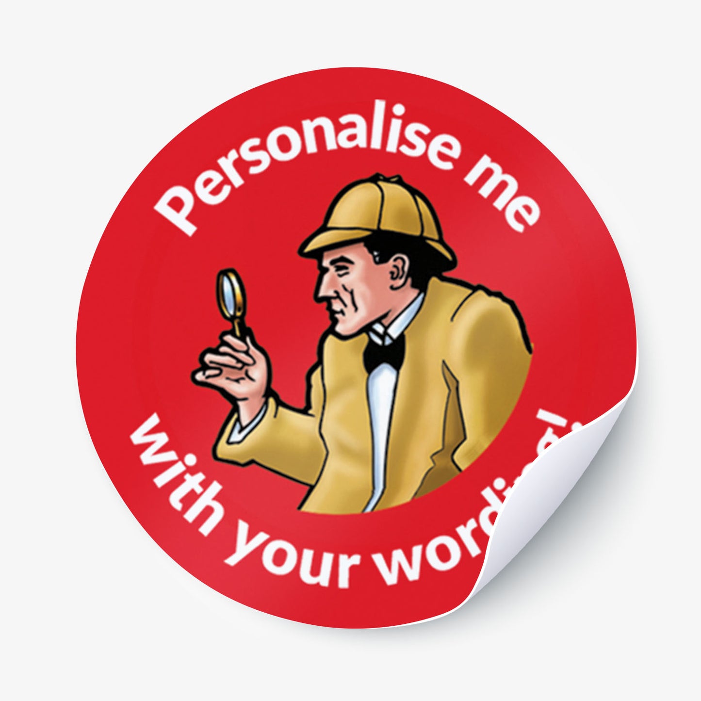 Red sticker with 'Sherlock Holmes' as the central image.  Space for personalisation above and below the image.
