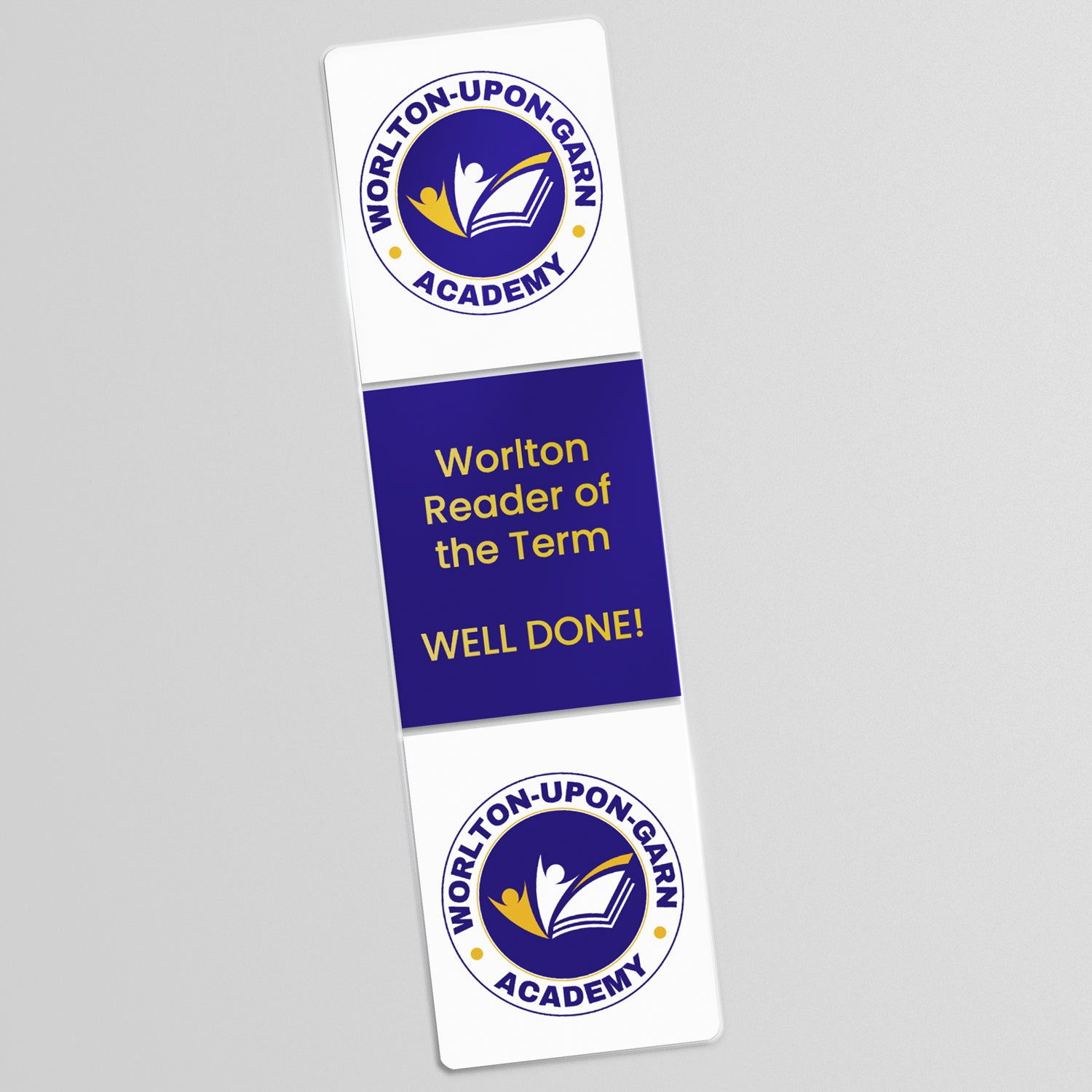 Acrylic bookmark with school logos uploaded to the top and bottom plus text in the centre which reads 'Worlton Reader of the Term' on a blue background.