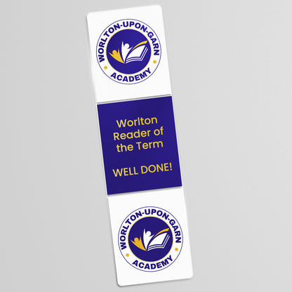 Acrylic bookmark with school logos uploaded to the top and bottom plus text in the centre which reads 'Worlton Reader of the Term' on a blue background.