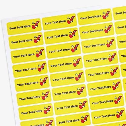 Sheet of Yellow labels with cartoon tick character and customizable text 