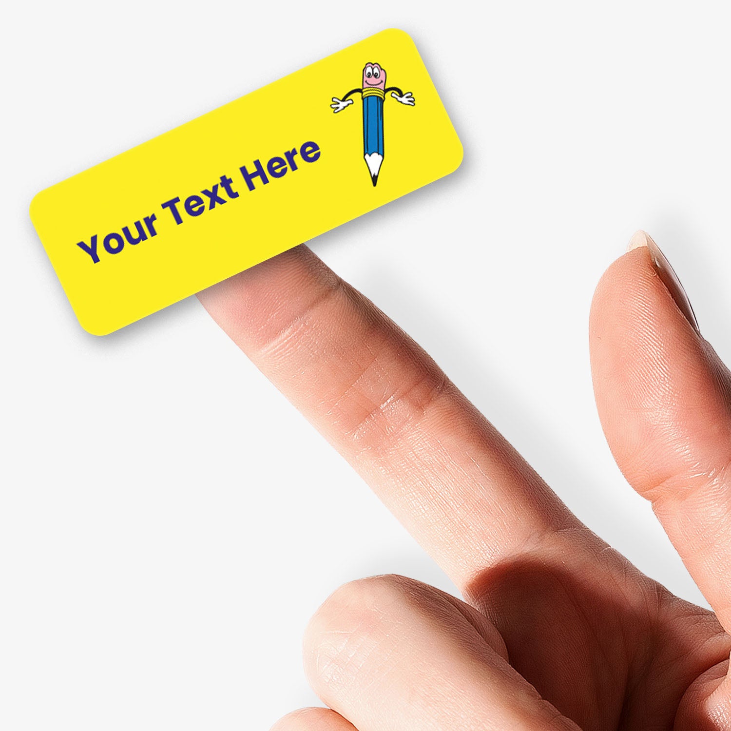 Yellow label with cartoon pencil character and customizable text area held by hand.