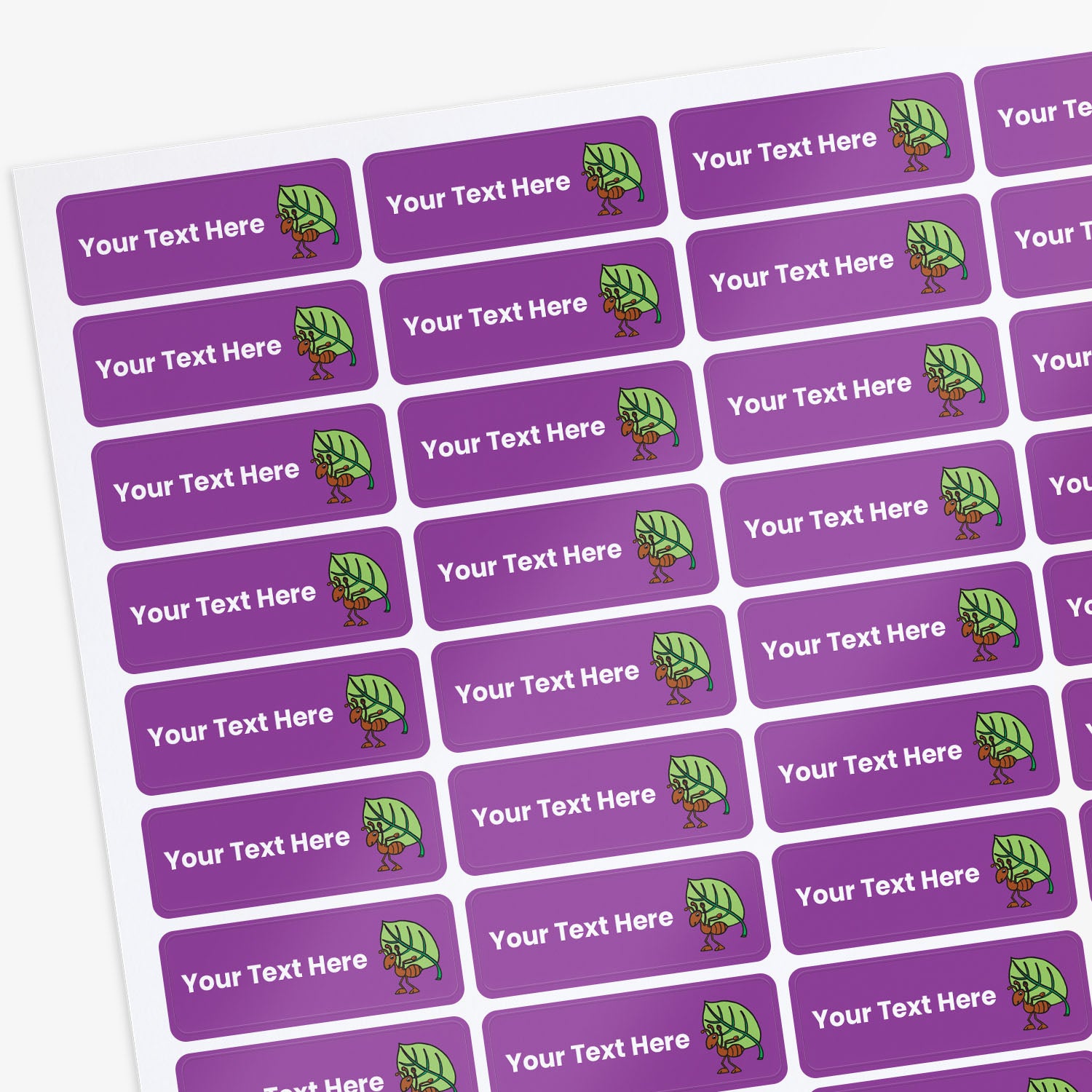 Sheet of Purple stickers with white text and an ant with leaf icon, on a white background.