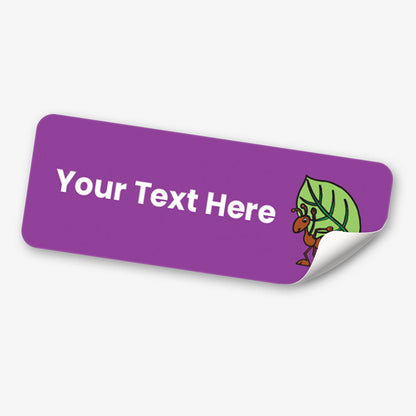 Purple sticker with white text and an ant with leaf icon, on a white background.