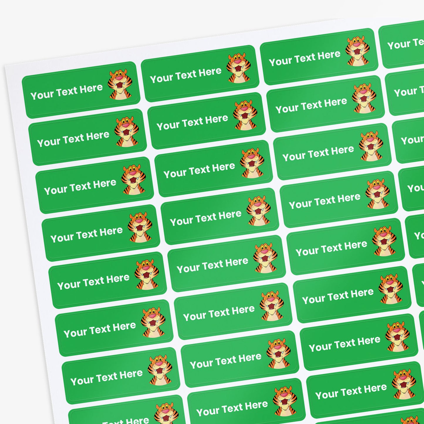 Sheet of Green stickers with white text and a tiger icon on a white background