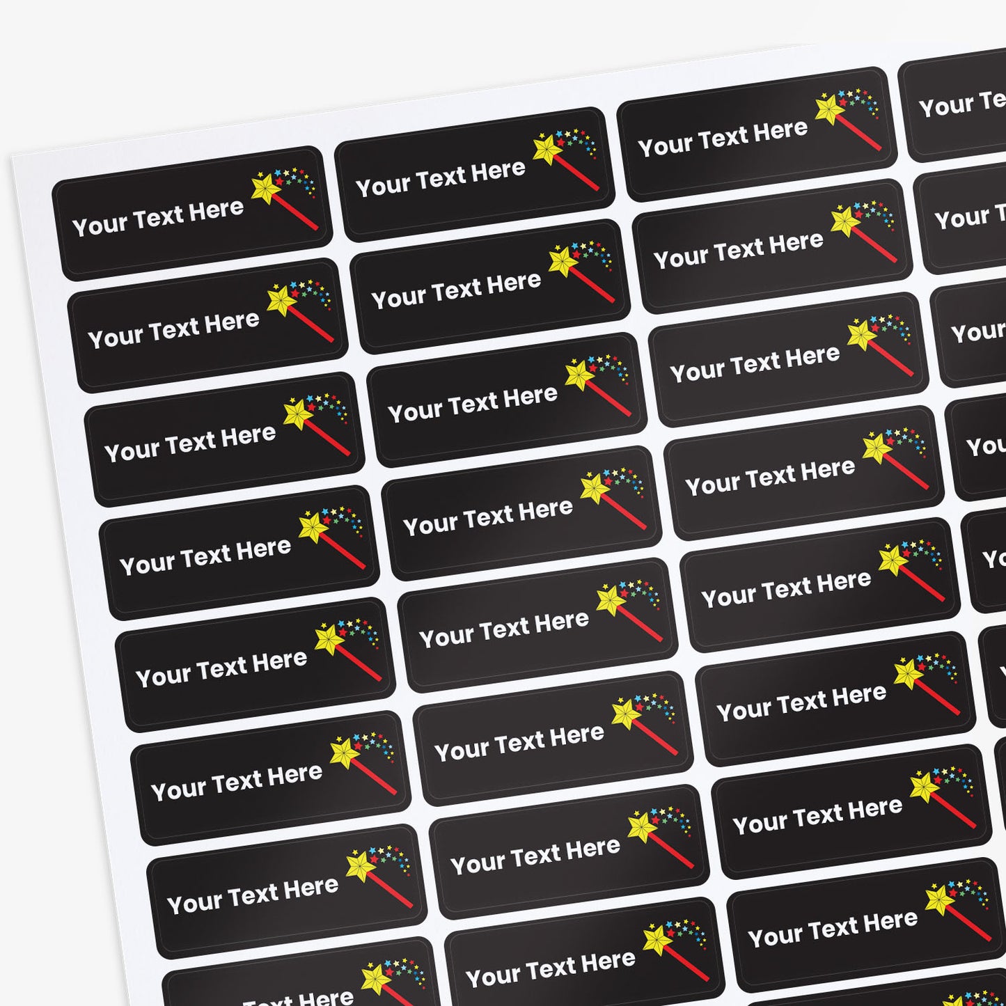 Sheet of Personalised stickers with star wand design and customisable text.