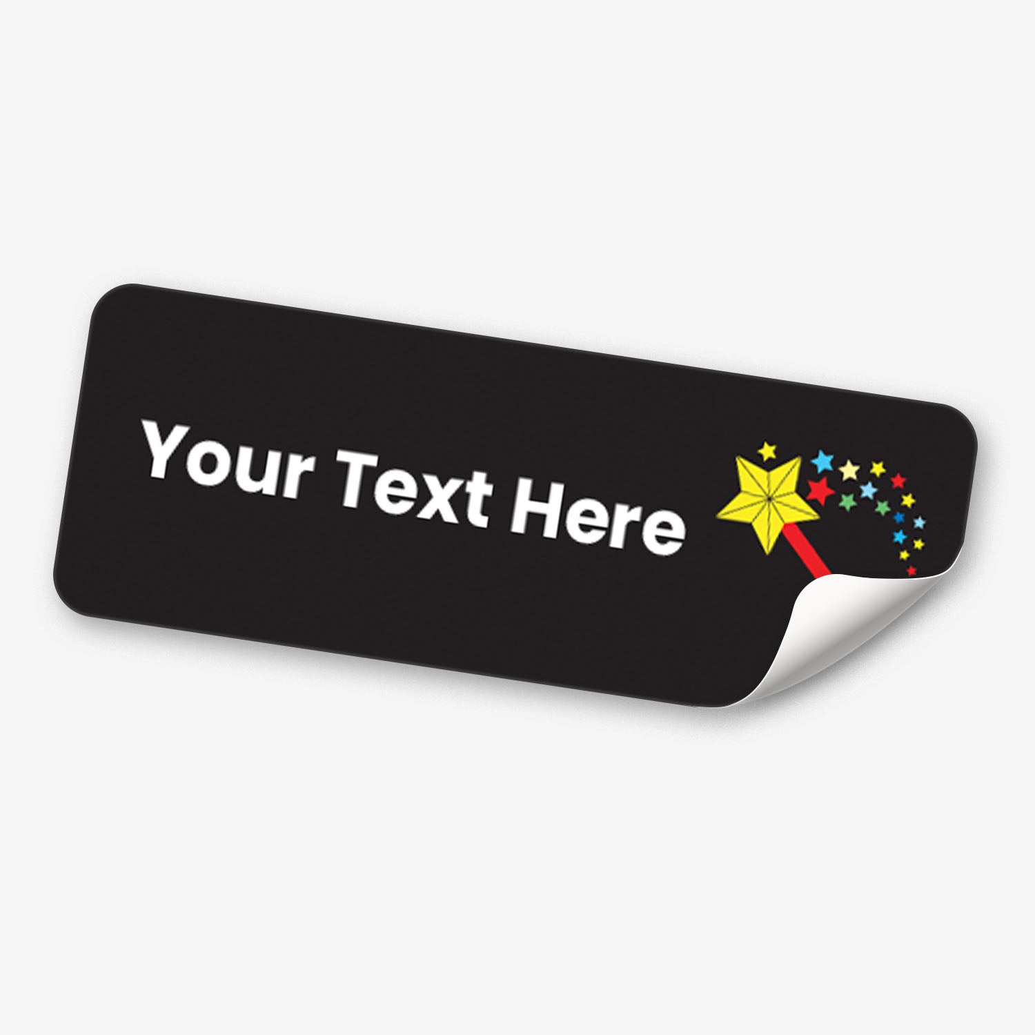 Personalisable black label with text placeholder and colorful star wand design on a white background.
