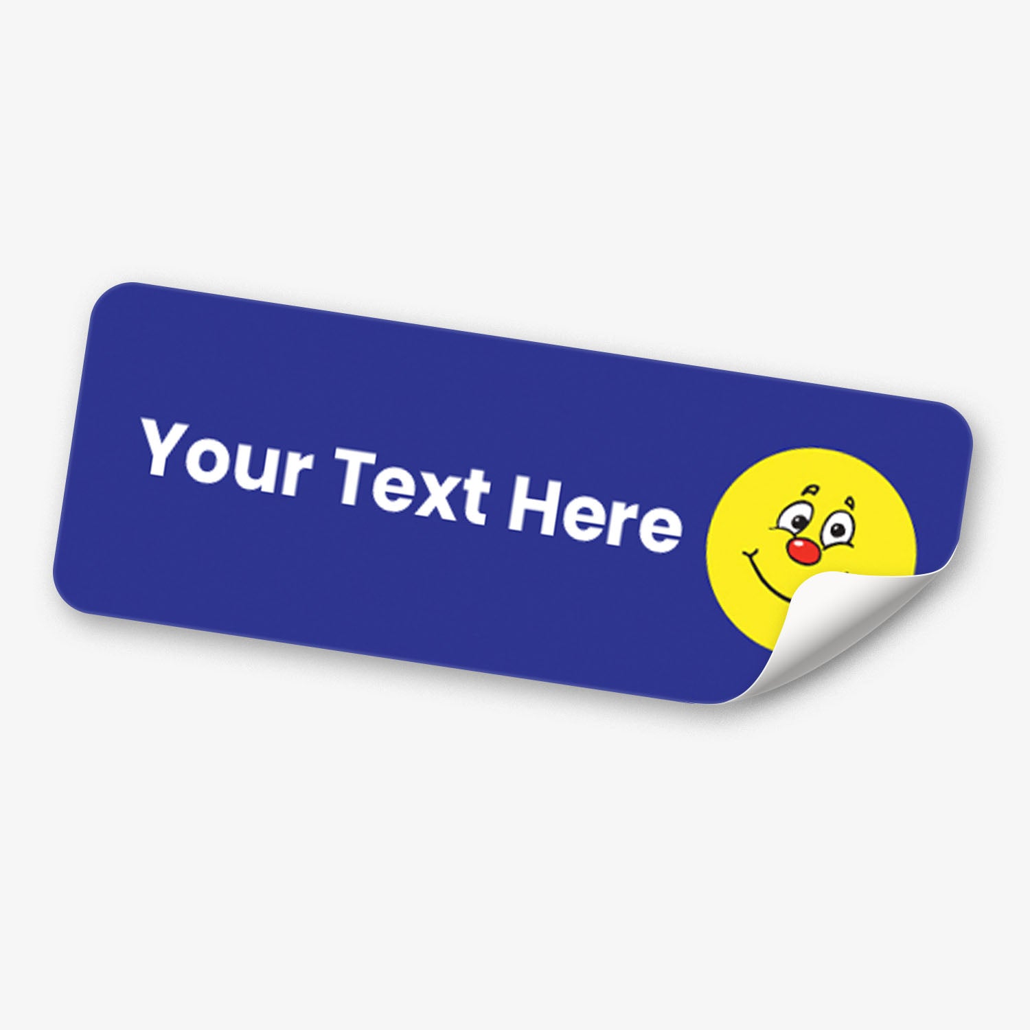 Blue label with text 'Your Text Here' and a smiley face on a white background