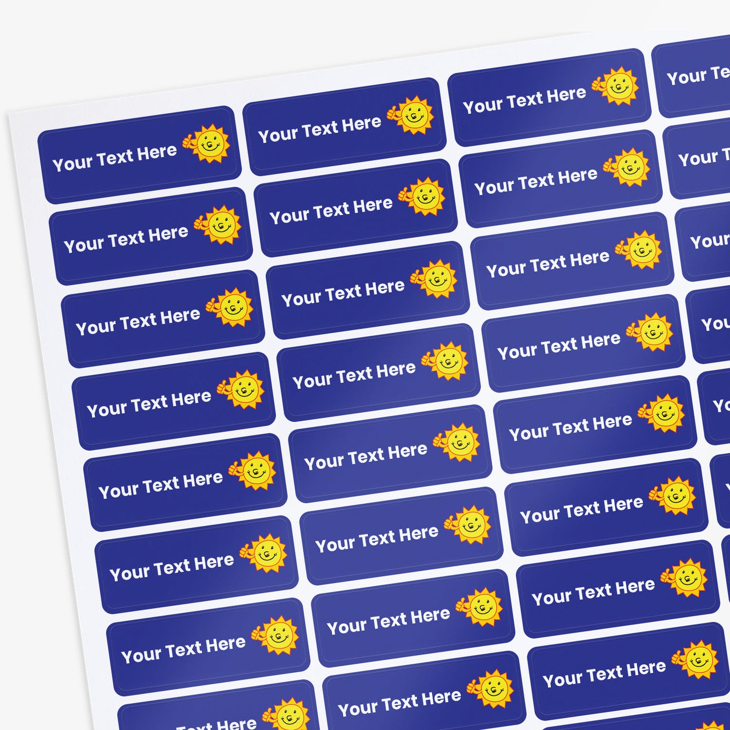 Sheet of Blue stickers with white text and a sunshine with thumbs up icon