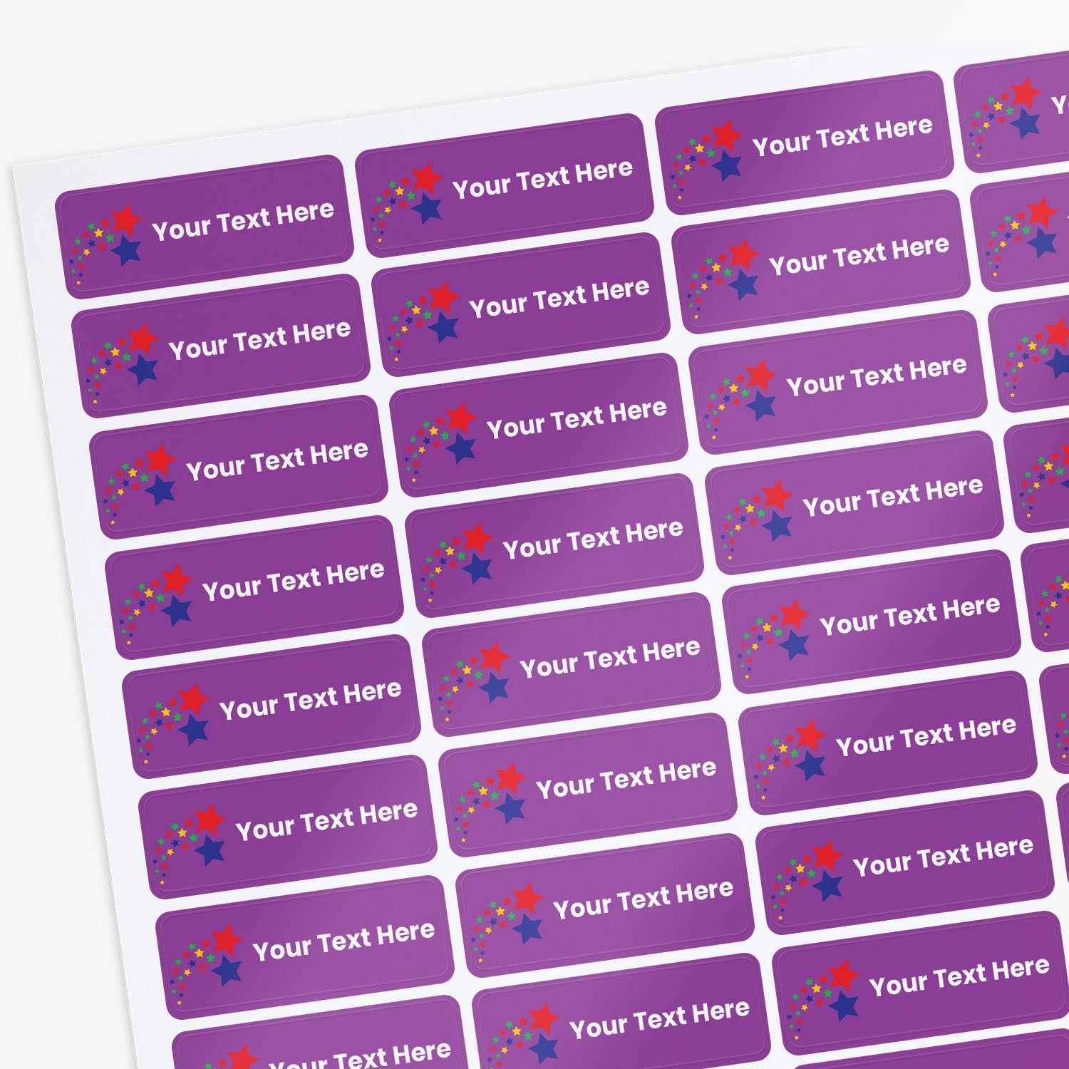 Purple stickers with white text and a shooting star icon on a sheet