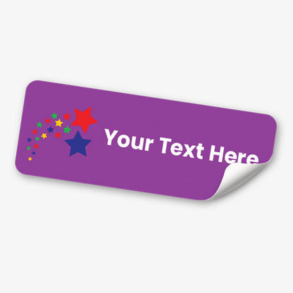 Purple label with colorful stars and 'Your Text Here' text on a white background